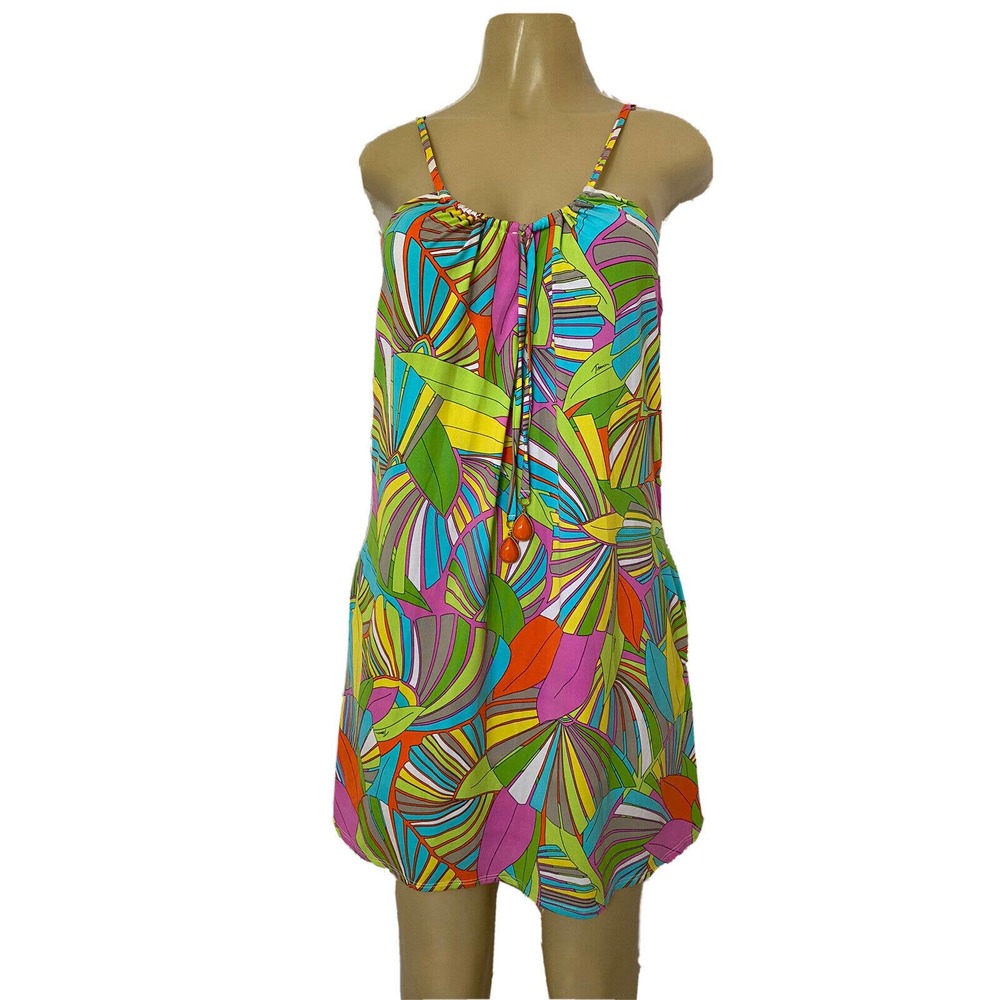Trina Turk Tunic Dress Deco Palm Floral Green Spaghetti Strap Pocket Cov…